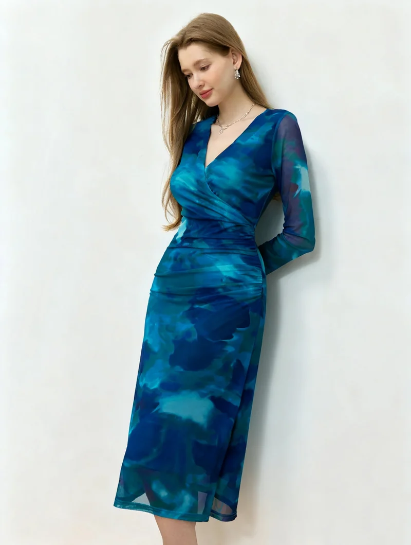 OUTZIDR Blue Full Sleeve V Neck Dress